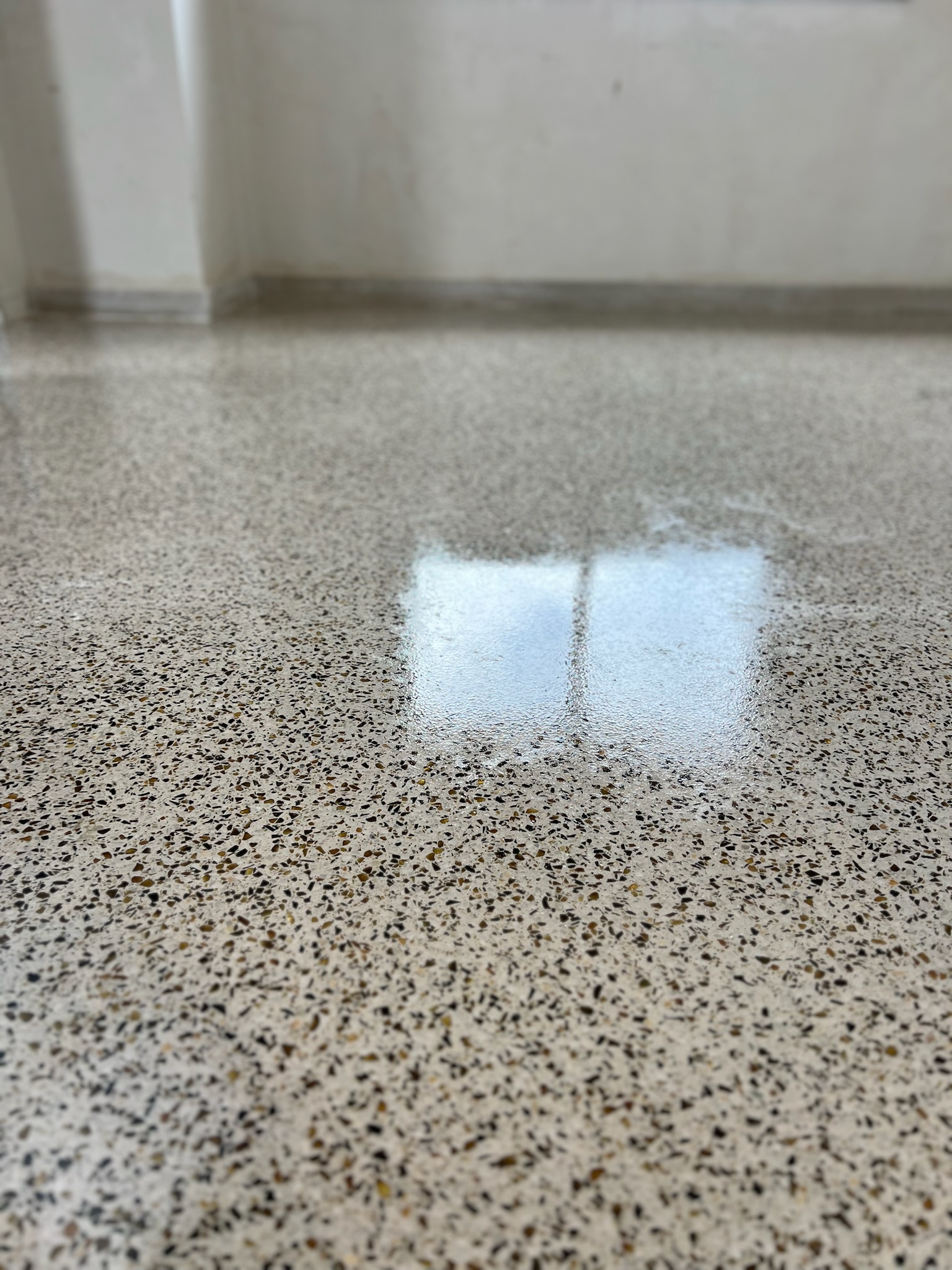 Detalle de terrazo continuo pulido con árido de mármol visto